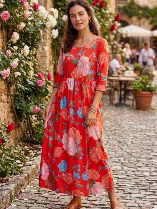 Dresses & Skirts - Women's Floral Maxi Dress with 3/4 Sleeves & Pockets Bohemian M/L